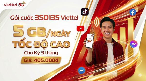 Gói cước 3SD135 Viettel 405.000đ - 5 GB/ngày Tốc Độ Cao, Chu Kỳ 3 tháng