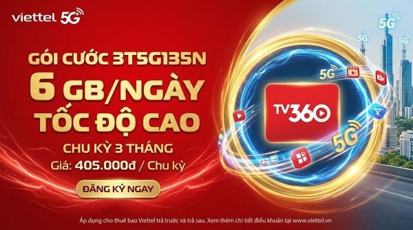 Gói 3T5G135N Viettel 405.000đ - 6 GB/ngày Tốc Độ Cao, Chu Kỳ 3 tháng