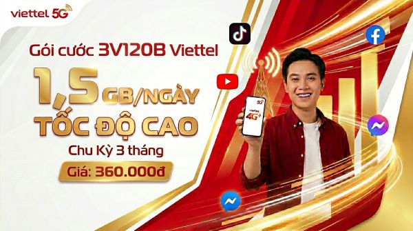 Gói 3V120B Viettel 360.000đ - 1,5 GB/ngày Tốc Độ Cao, Chu Kỳ 3 tháng