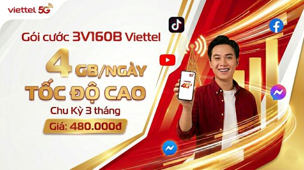 Gói cước 3V160B Viettel 480.000đ - 4 GB/ngày Tốc Độ Cao, Chu Kỳ 3 tháng